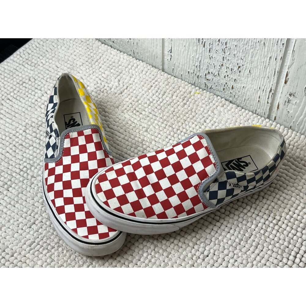 Vans Checkerboard multi colored Size 10 Classic Slip on sneaker Red, Yellow, Blu
